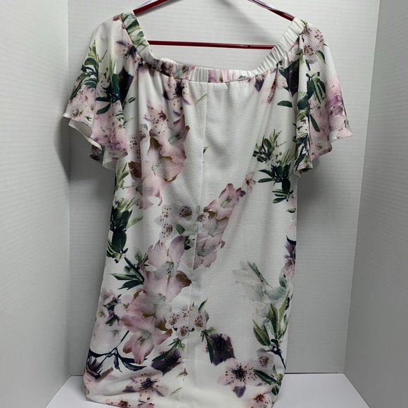 Lulus Womens Size M Dress Cold Off Shoulder White Floral Lined purple green 100 - Picture 4 of 6